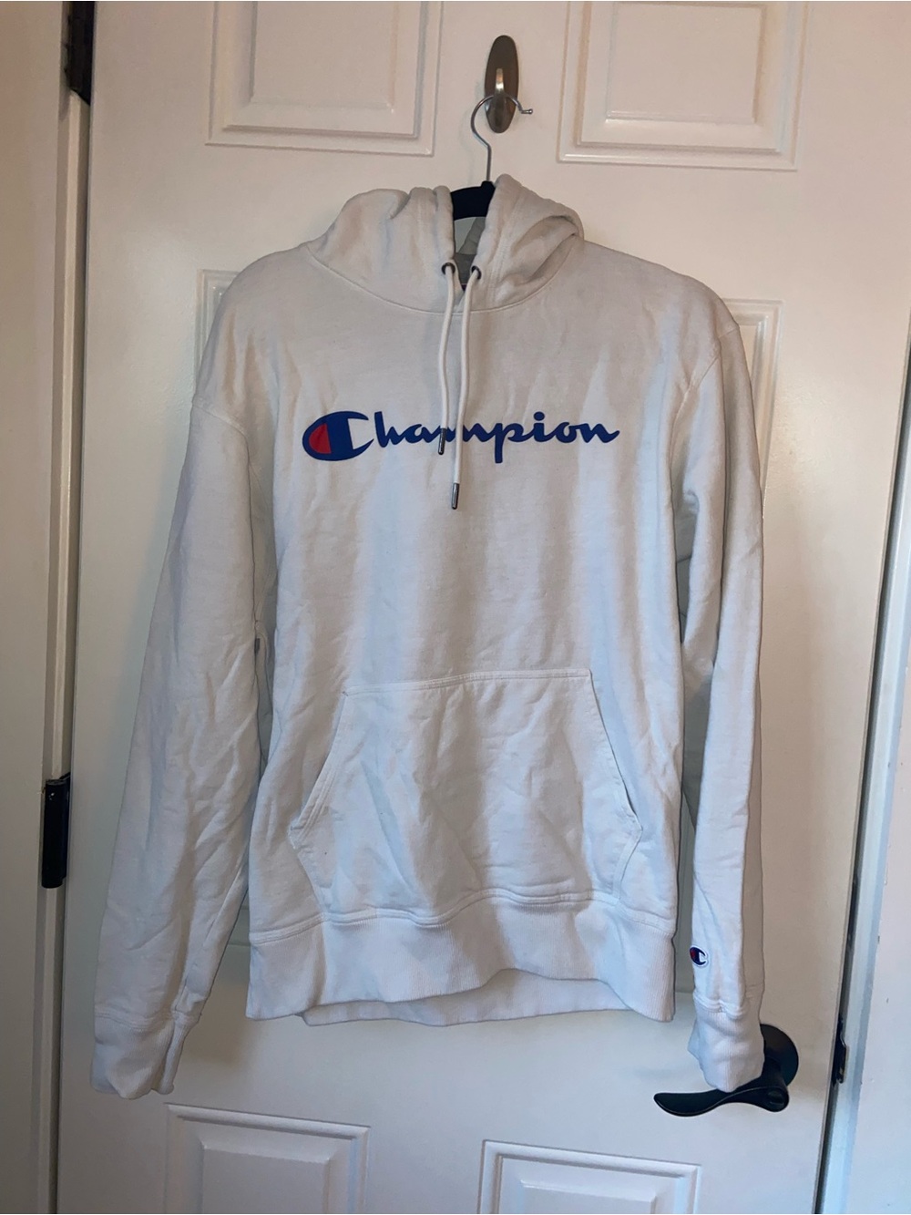 Champion White Hoodie with Blue Logo and Red Accent